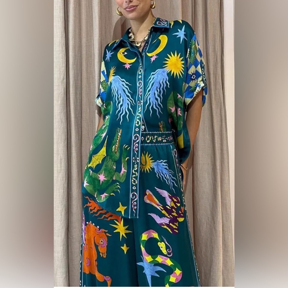 Graffiti 2 Pieces Pants Sets Women Floral Fruit Print Lounge Matching Set